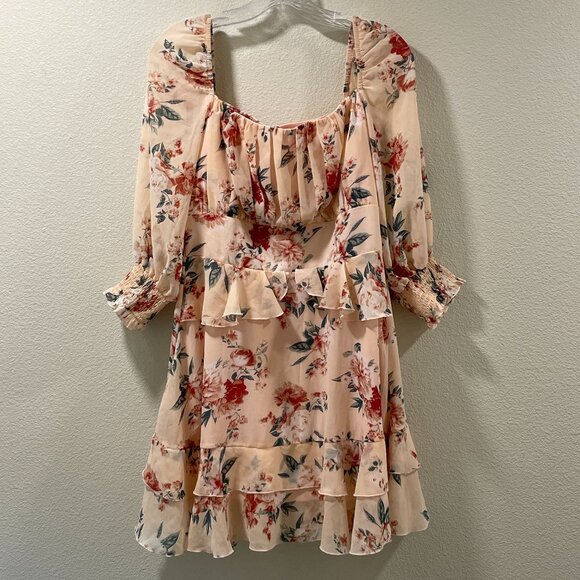 EXLURA (NWT) Empire 3/4 Sleeve Peasant Ruffle Mini Dress, Peach/Pink Multi - L - Picture 2 of 12